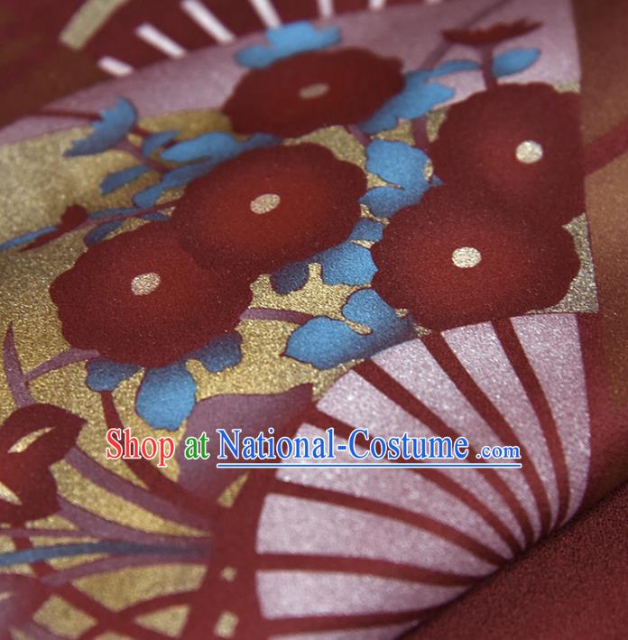 Traditional Japanese Fan Pattern Pure Silk Fabric Asian Japan Kimono Wine Red Brocade Material