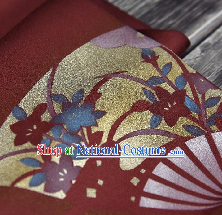 Traditional Japanese Fan Pattern Pure Silk Fabric Asian Japan Kimono Wine Red Brocade Material