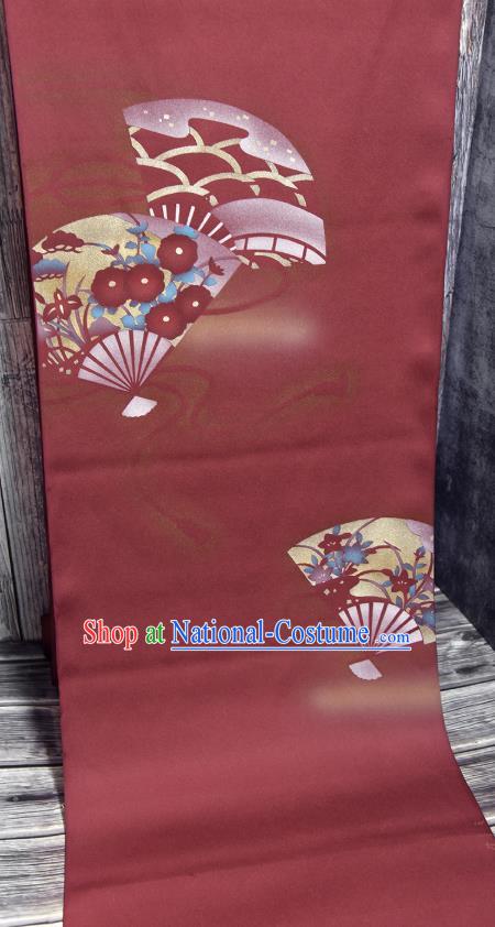 Traditional Japanese Fan Pattern Pure Silk Fabric Asian Japan Kimono Wine Red Brocade Material