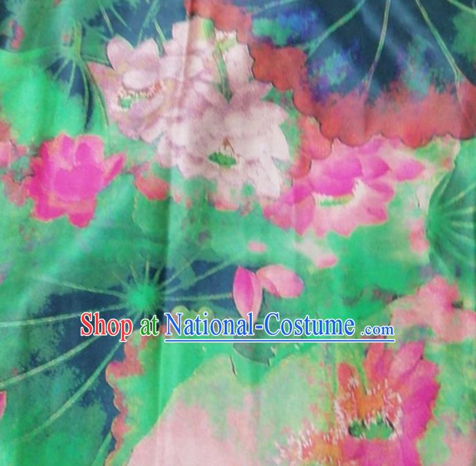 Asian China Lotus Pattern Green Brocade Fabric Traditional Cheongsam Silk Gambiered Guangdong Gauze