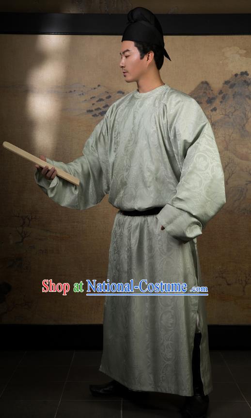 China Ancient Scholar Light Green Silk Robe Traditional Tang Dynasty Nobility Childe Hanfu Clothing for Men