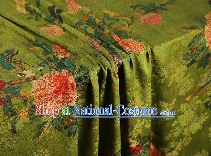 Asian China Classical Peony Pattern Green Silk Fabric Traditional Cheongsam Gambiered Guangdong Gauze Cloth