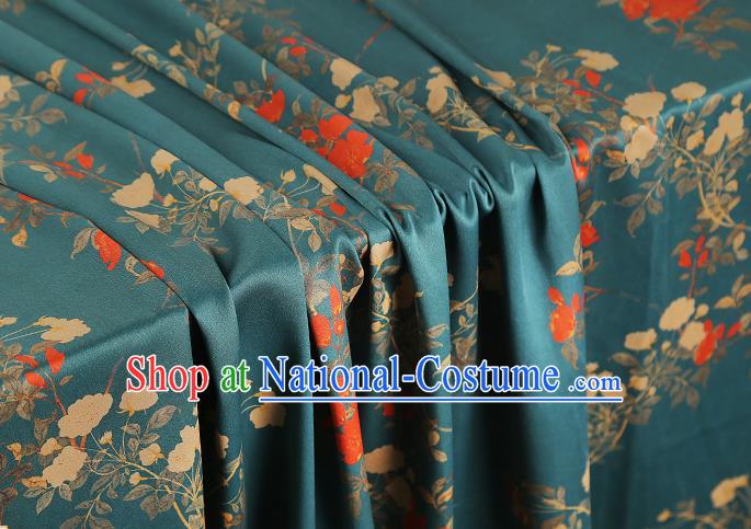 Asian China Traditional Cheongsam Gambiered Guangdong Gauze Cloth Classical Printing Flowers Pattern Lake Blue Silk Fabric