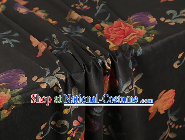 Asian China Classical Peony Pattern Black Silk Fabric Traditional Brocade Cheongsam Gambiered Guangdong Gauze