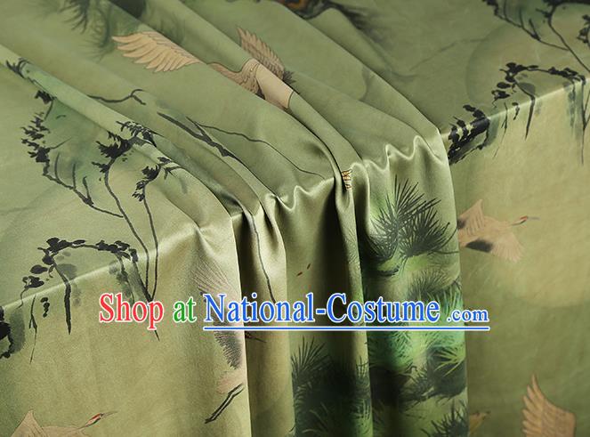 Asian Traditional Cheongsam Brocade Gambiered Guangdong Gauze China Classical Pine Crane Pattern Green Silk Fabric