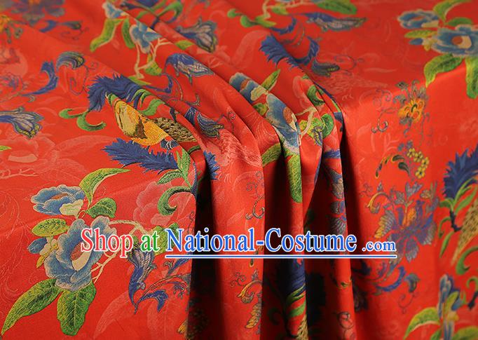 Asian China Classical Flowers Birds Pattern Red Silk Fabric Traditional Cheongsam Gambiered Guangdong Gauze Brocade