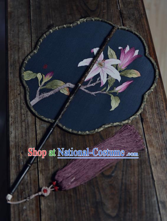 China Classical Dance Fan Chinese Handmade Mangnolia Painting Palace Fan Traditional Navy Silk Fan