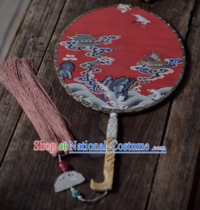 China Red Silk Circular Fan Traditional Qing Dynasty Court Fan Handmade Palace Fan