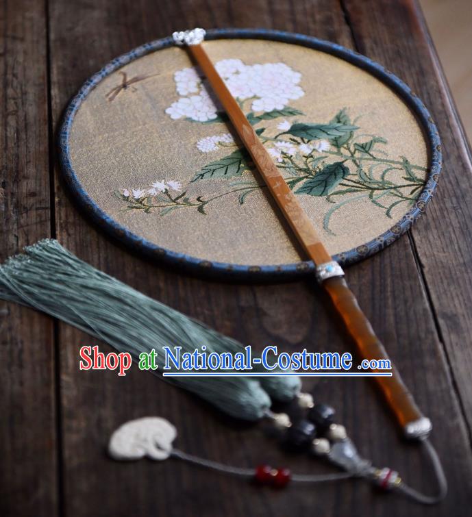 China Handmade Hydrangea Painting Palace Fan Beige Silk Circular Fan Traditional Qing Dynasty Court Fan