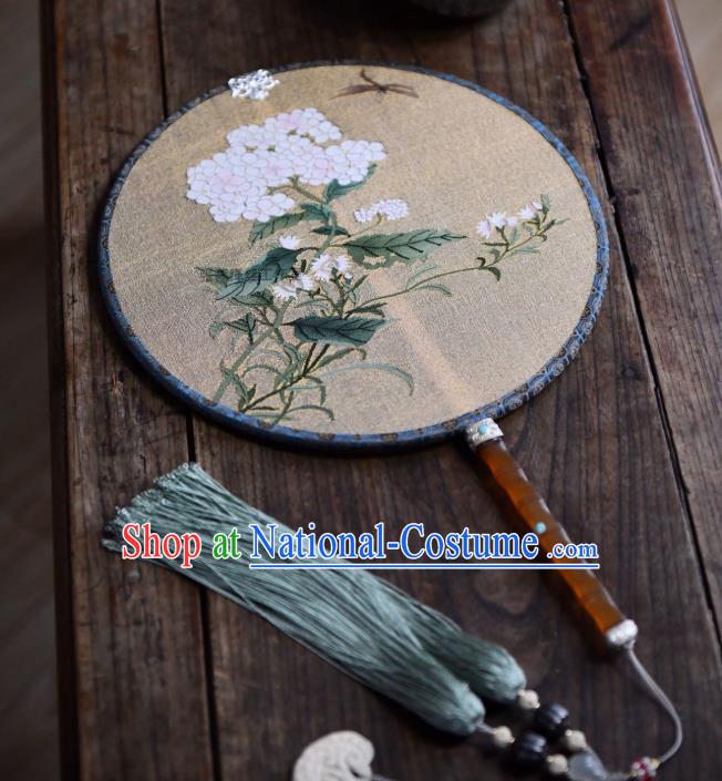 China Handmade Hydrangea Painting Palace Fan Beige Silk Circular Fan Traditional Qing Dynasty Court Fan