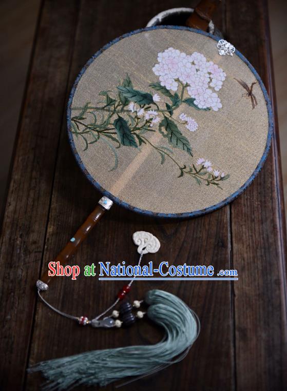 China Handmade Hydrangea Painting Palace Fan Beige Silk Circular Fan Traditional Qing Dynasty Court Fan