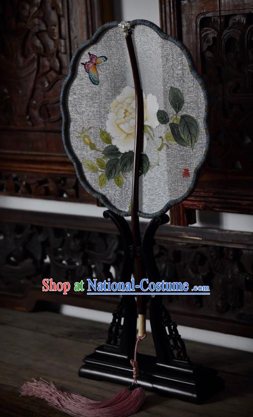 China Traditional Song Dynasty Princess Fan White Silk Fan Handmade Peony Butterfly Pattern Palace Fan