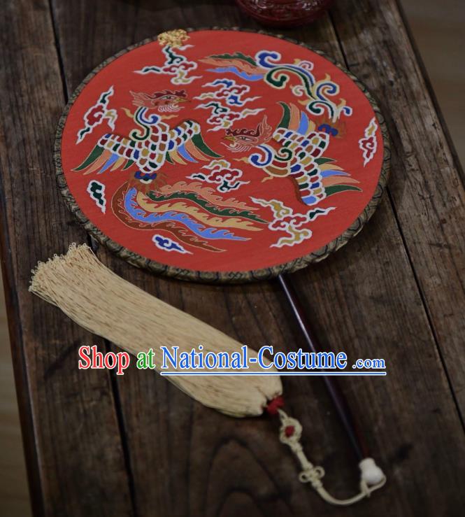 China Ancient Ming Dynasty Princess Wedding Circular Fan Handmade Clouds Phoenix Pattern Palace Fan Traditional Red Silk Fan