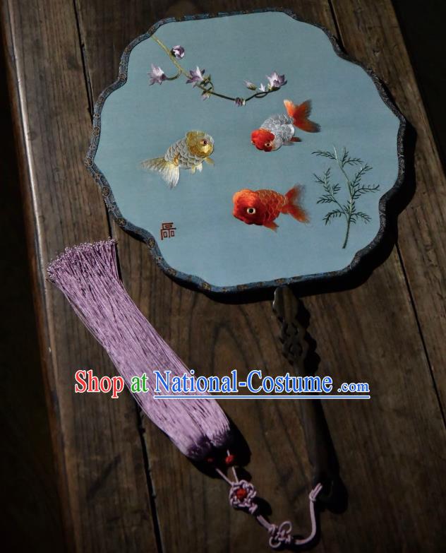 China Handmade Embroidered Goldfish Palace Fan Traditional Blue Silk Fan Ancient Song Dynasty Court Fan