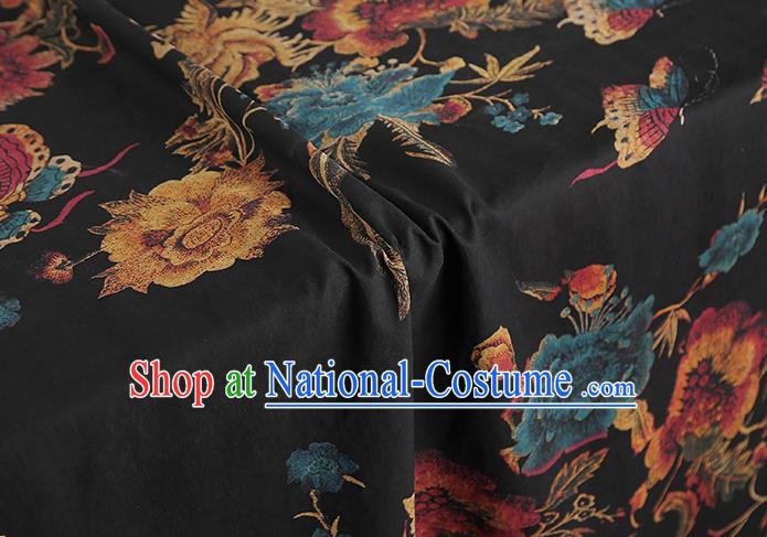 China Classical Qipao Dress Gambiered Guangdong Gauze Traditional Peony Pattern Black Silk Fabric