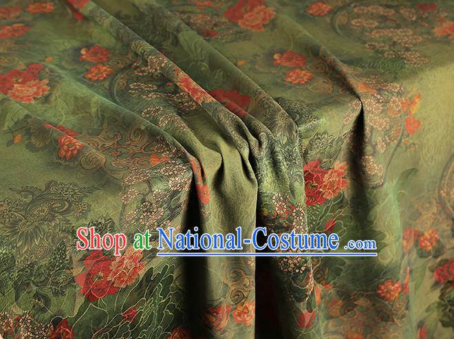 China Classical Cheongsam Gambiered Guangdong Gauze Drapery Traditional Peony Pattern Green Silk Fabric