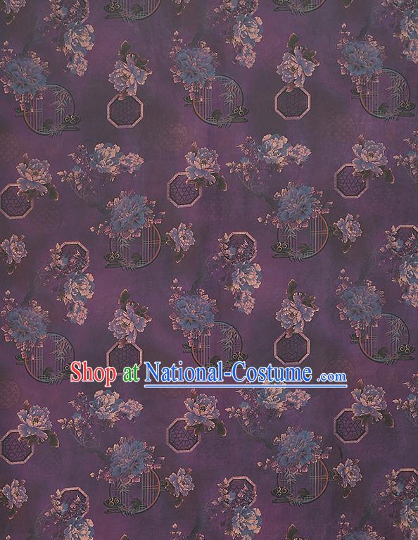 China Traditional Peony Pattern Deep Purple Silk Fabric Classical Cheongsam Gambiered Guangdong Gauze Drapery