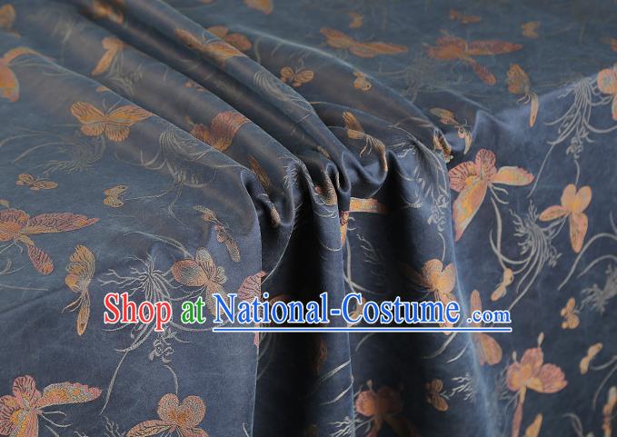 China Traditional Cheongsam Butterfly Orchids Pattern Brocade Fabric Classical Navy Gambiered Guangdong Gauze Drapery