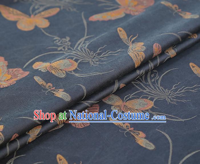 China Traditional Cheongsam Butterfly Orchids Pattern Brocade Fabric Classical Navy Gambiered Guangdong Gauze Drapery