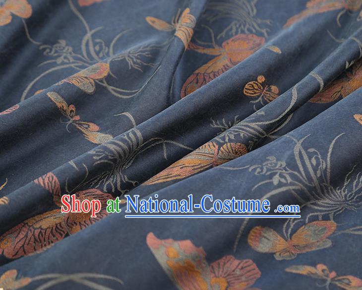 China Traditional Cheongsam Butterfly Orchids Pattern Brocade Fabric Classical Navy Gambiered Guangdong Gauze Drapery