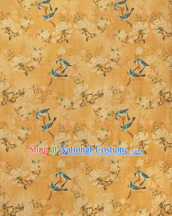 China Traditional Mangnolia Birds Pattern Gambiered Guangdong Gauze Classical Cheongsam Yellow Silk Fabric