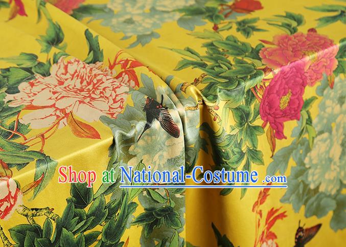 China Classical Peony Pattern Cheongsam Silk Fabric Traditional Yellow Gambiered Guangdong Gauze