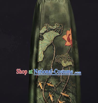 China Traditional Dark Green Brocade Classical Lotus Pattern Qipao Dress Silk Fabric Gambiered Guangdong Gauze