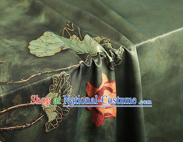 China Traditional Dark Green Brocade Classical Lotus Pattern Qipao Dress Silk Fabric Gambiered Guangdong Gauze