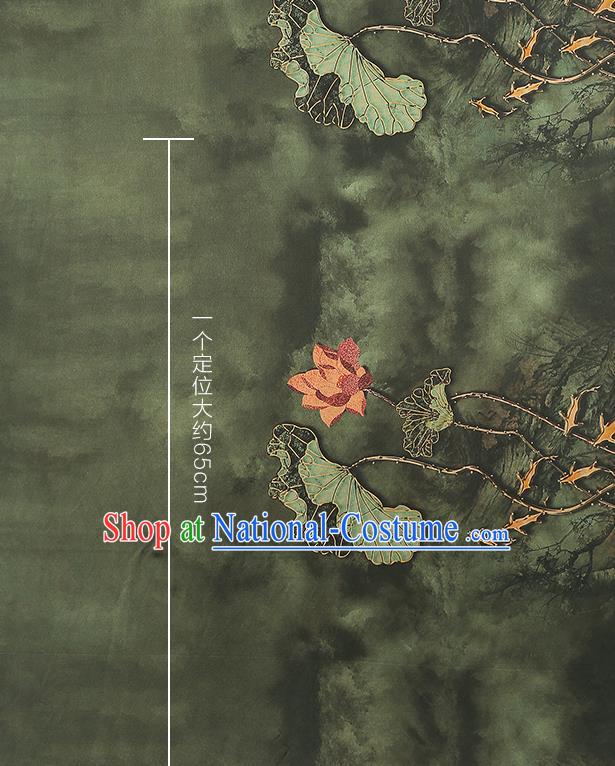 China Traditional Dark Green Brocade Classical Lotus Pattern Qipao Dress Silk Fabric Gambiered Guangdong Gauze