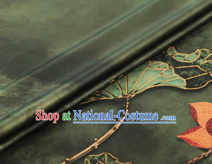 China Traditional Dark Green Brocade Classical Lotus Pattern Qipao Dress Silk Fabric Gambiered Guangdong Gauze