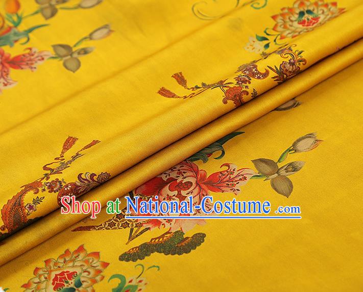 China Traditional Yellow Brocade Classical Flowers Pattern Wedding Dress Silk Fabric Gambiered Guangdong Gauze