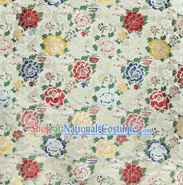 China Traditional Cheongsam White Nanjing Brocade Classical Peony Pattern Silk Fabric