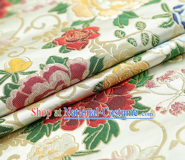 China Traditional Cheongsam White Nanjing Brocade Classical Peony Pattern Silk Fabric