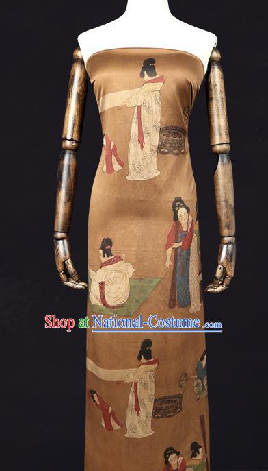 China Traditional Cheongsam Brown Gambiered Guangdong Gauze Classical Tang Dynasty Palace Lady Pattern Silk Fabric