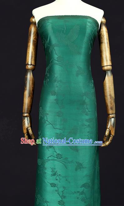 China Traditional Cheongsam Jacquard Gambiered Guangdong Gauze Classical Magpie Plum Pattern Green Silk Fabric