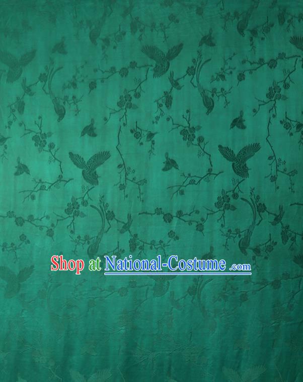 China Traditional Cheongsam Jacquard Gambiered Guangdong Gauze Classical Magpie Plum Pattern Green Silk Fabric