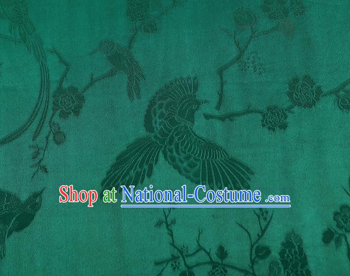 China Traditional Cheongsam Jacquard Gambiered Guangdong Gauze Classical Magpie Plum Pattern Green Silk Fabric