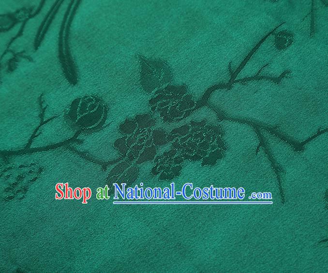 China Traditional Cheongsam Jacquard Gambiered Guangdong Gauze Classical Magpie Plum Pattern Green Silk Fabric