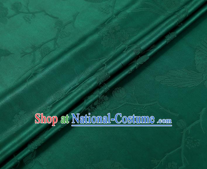 China Traditional Cheongsam Jacquard Gambiered Guangdong Gauze Classical Magpie Plum Pattern Green Silk Fabric