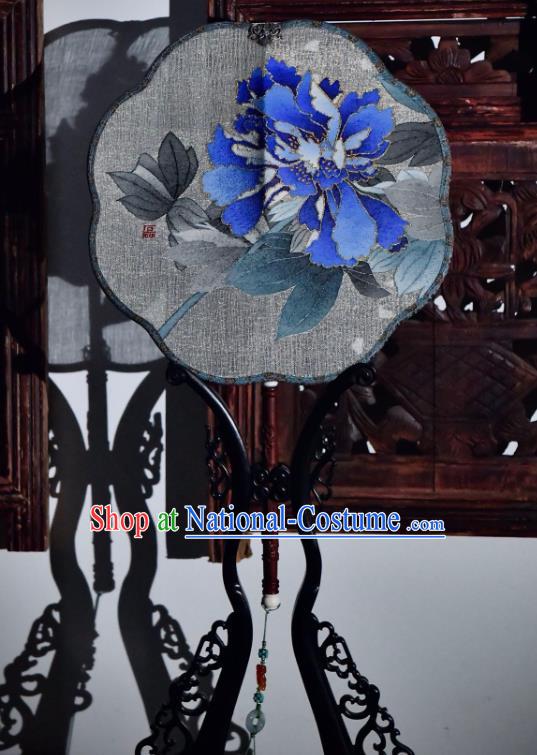 China Traditional Silk Fan Ancient Song Dynasty Court Fan Handmade Blue Peony Pattern Palace Fan