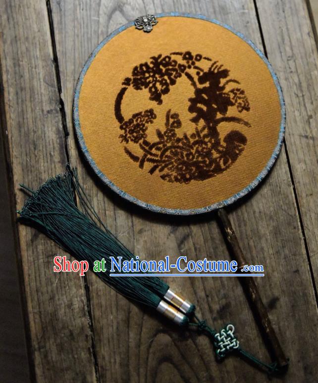 China Traditional Ginger Silk Fan Handmade Palace Fan Ancient Ming Dynasty Court Lady Circular Fan