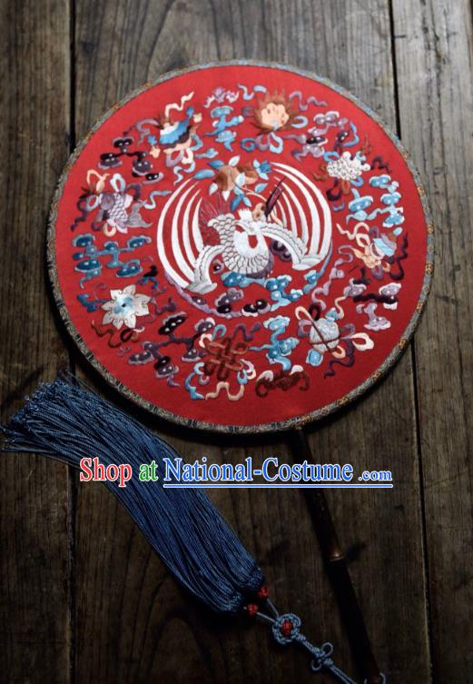 China Handmade Embroidered Crane Palace Fan Ancient Ming Dynasty Circular Fan Traditional Wedding Red Silk Fan