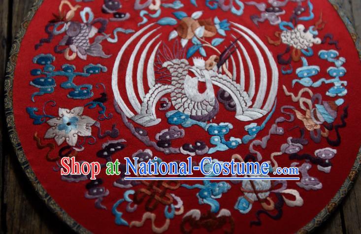 China Handmade Embroidered Crane Palace Fan Ancient Ming Dynasty Circular Fan Traditional Wedding Red Silk Fan