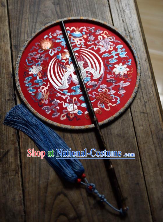 China Handmade Embroidered Crane Palace Fan Ancient Ming Dynasty Circular Fan Traditional Wedding Red Silk Fan