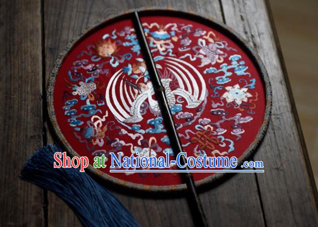 China Handmade Embroidered Crane Palace Fan Ancient Ming Dynasty Circular Fan Traditional Wedding Red Silk Fan