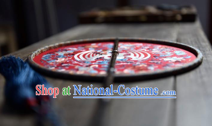 China Handmade Embroidered Crane Palace Fan Ancient Ming Dynasty Circular Fan Traditional Wedding Red Silk Fan