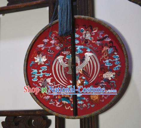 China Handmade Embroidered Crane Palace Fan Ancient Ming Dynasty Circular Fan Traditional Wedding Red Silk Fan