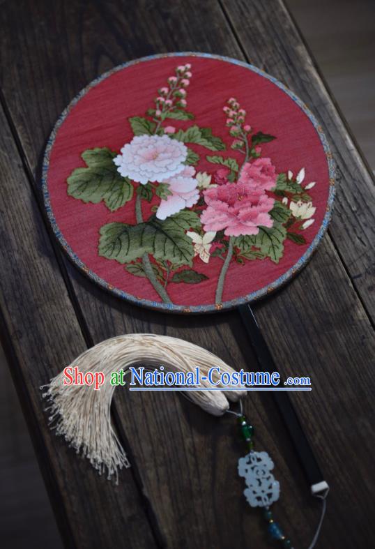 China Traditional Red Silk Fan Handmade Hibiscus Pattern Palace Fan Ancient Song Dynasty Wedding Circular Fan