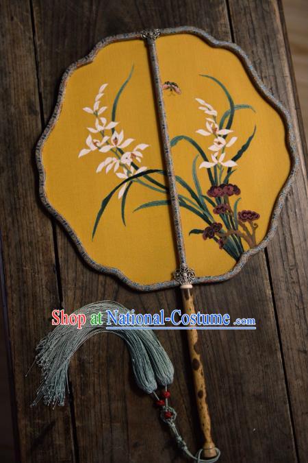 China Handmade Orchids Pattern Palace Fan Ancient Song Dynasty Court Fan Traditional Yellow Silk Fan