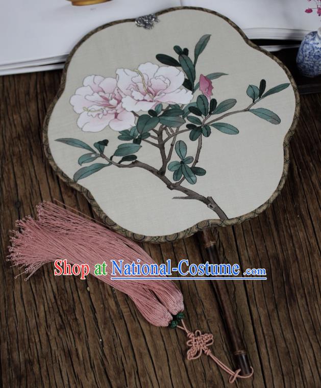 China Traditional Silk Begonia Fan Handmade Azalea Pattern Palace Fan Ancient Princess Court Fan